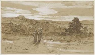 Zwei Figuren in flacher Landschaft, im Hintergrund Höhenzug