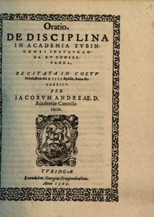 Oratio De Disciplina In Academia Tvbingensi Instavranda Et conservanda