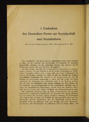 I. Gedanken der Deutschen Partei zur Sozialpolitik und Sozialreform