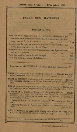 Table des matières. Décembre 1879.