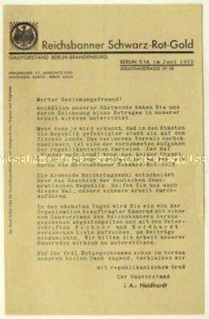 Rundschreiben des Reichsbanners Schwarz-Rot-Gold mit Spendenaufruf
