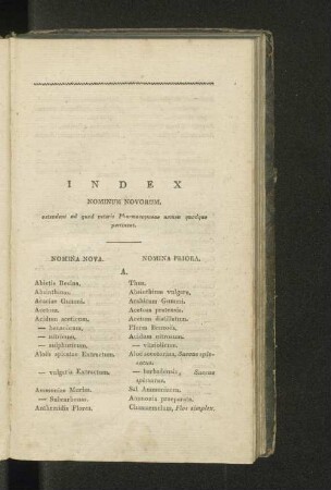 Index Nominum Novorum, ostendens ad quod veteris Pharmacopoeae nomen quodque pertineat.