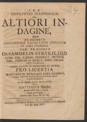 Disputatio Inauguralis De Altiori Indagine