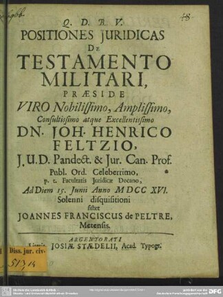 Positiones Iuridicas De Testamento Militari