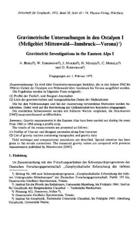 Gravimetrische Untersuchungen in den Ostalpen I (Meßgebiet Mittenwald - Innsbruck - Verona)