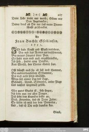 An Frau Buchh: Gselliusin. 1751.