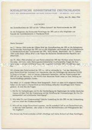 Sonderdruck des ZK der SED zu einem Schreiben an die Delegierten des SPD-Parteitages 1966