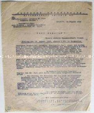 Maschinenschriftliches Rundschreiben an die Mitglieder der Deutschen Ehrenlegion