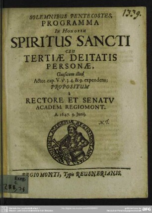 Solemnibus Pentecostes, Programma in Honorem Spiritus Sancti ceu Tertiae Deitatis Personae : Clasicum illud. Actor. cap. V. v. 3. 4. & 9. expendens