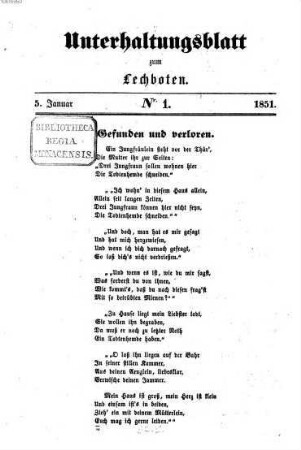 Der Lechbote. Unterhaltungsblatt zum Lechboten. 1851, 1851, Nr. 1 - 26