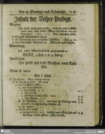 Inhalt der Vesper-Predigt [Am 18. Sontage nach Trinitatis]