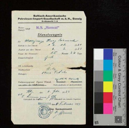 Harry Eisenach, Dienstzeugnis "Hanseat"