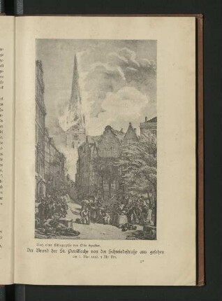 Der Brand der St. Petrikirche von der Schmiedestraße aus gesehen.