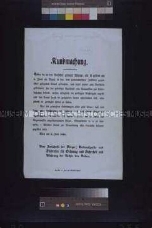 Maueranschlag: Bekanntmachung des Ausschusses der Bürger, Nationalgarde und Studenten über das Wirken sogenannter "Banlstierer" in der Wiener Kanalisation; Wien, 9. Juni 1848