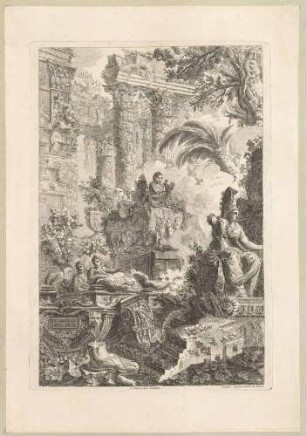 Ruinenphantasie mit Minervastatue, nach dem Fronstispiz von Piranesis Folge "Vedute di Roma" (Mitte und rechte Hälfte)