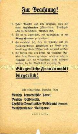 Flugblatt mit Aufruf an die bürgerlichen Frauen zur Wahl bürgerlicher Parteien