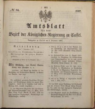 № 85. Ausgegeben zu Cassel am 6. December 1867.