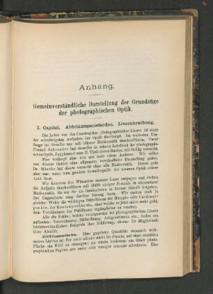 Anhang. Gemeinverständliche Darstellung der Grundzüge der photographischen Optik.