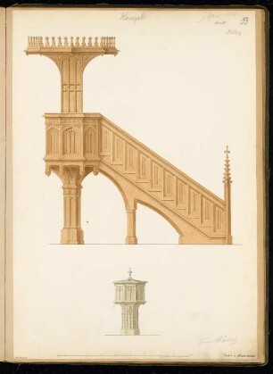 Kanzel und Taufstein Monatskonkurrenz April 1860: 2 Aufrisse; Maßstabsleiste