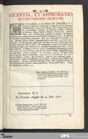 Licentia, Et Approbatio Reverendissimi Ordinarii