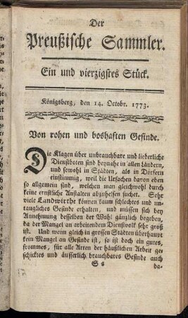 Ein und vierzigstes Stück. Königsberg, den 14. Octobr. 1773.