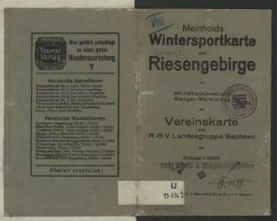 Wintersportkarte vom Riesengebirge, 1:50 000, 1930 : Meinhold's Wintersportkarte vom Riesengebirge (für Schneeschuhläufer etc.) : mit Höhenkurven und Stangenmarkierung ; Vereinskarte der R. G. V. Landesgruppe Sachsen / Entwurf u. Zeichnung v. P. Winkler. - 1:50 000. - Dresden : Meinhold , [ca. 1930]. - 1 Kt. : mehrfarb. ; 70 x 57 cm, gef.