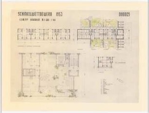 Wohnhausgruppe im sozialen Wohnungsbau Schinkelwettbewerb 1954: Grundrisse des 6-Zimmer-Typs 1:200, 1:50