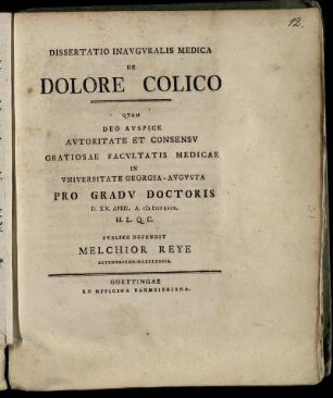 Dissertatio Inavgvralis Medica De Dolore Colico