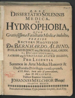 Dissertatio Solennis Medica, De Hydrophobia