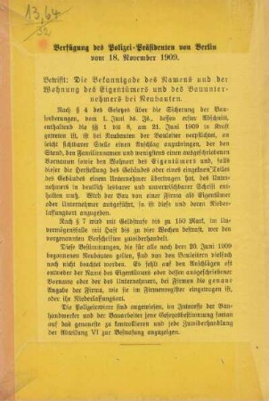 Verfügung des Polizei-Präsidenten von Berlin vom 18. November 1909