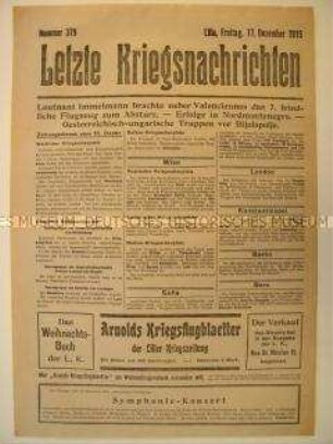 Mitteilungsblatt "Letzte Kriegsnachrichten" mit Kurzmeldungen von verschiedenen Kriegsschauplätzen