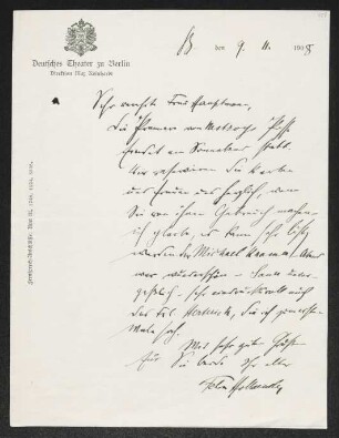 Brief von Felix Hollaender von Deutsches Theater  an Margarete Hauptmann