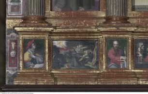 Madonna mit den heiligen Franz von Assisi und Antonius von Padua, Stigmatisation des heiligen Franz von Assisi, die Geburt Marias, Eselswunder des heiligen Antonius von Padua und die heiligen Petrus, Paulus, Bonaventura und Ludwig von Toulouse