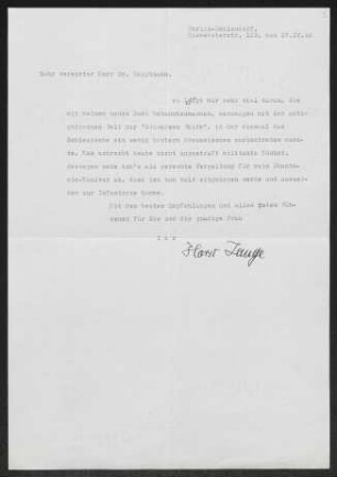 Brief von Horst Lange an Gerhart Hauptmann