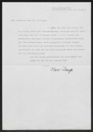 Brief von Horst Lange an Gerhart Hauptmann
