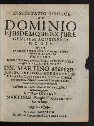 Dissertatio Iuridica De Dominio Eiusdemque Ex Iure Gentium Acquirendi Modis