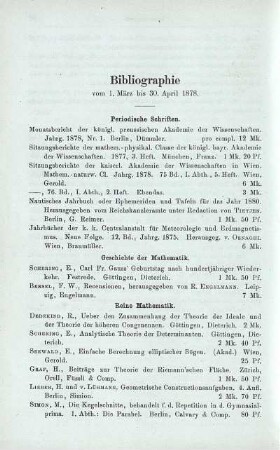 Bibliographie vom 1. März bis 30. April 1878.