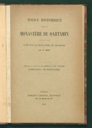 Notice historique sur le Monastère de Qartamin : suivie d'une note sur le Monastère de Qennešré