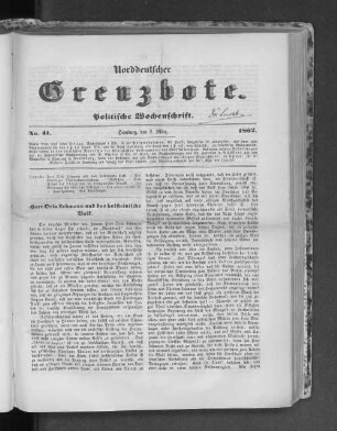 Norddeutscher Grenzbote. Politische Wochenschrift. No. 41 1862.