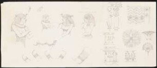 Ägyptische Göttinnen (Isis, Hathor) in Seitenansicht und Ornamentdetails: Perspektivische Teilansichten, Studien Oberarmschmuck und zahlreiche Attribut/Ornamentdetails