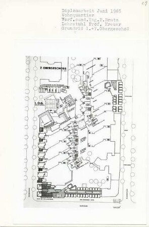 Wohnquartier, Berlin-Charlottenburg (Diplomarbeit bei Willy Kreuer): Grundriss 1. und 7. Obergeschoss 1:200