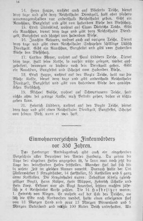 Einwohnerverzeichnis Finkenwärders vor 350 Jahren.