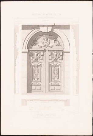 Sorbonne, Paris: Ansicht Portal, Fassadenschnitte horizontal, vertikal (aus: Motifs historiques d´architecture et de sculpture d´ornement, hrsg.v. César Daly, Bd.1, 1870)