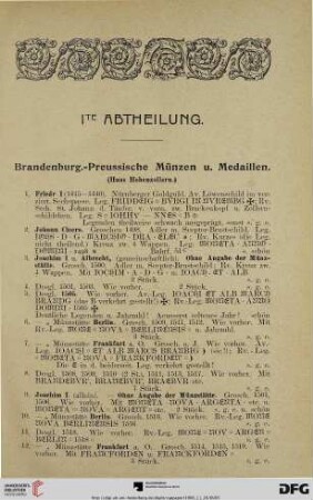 Ite Abtheilung: Brandenburg-Preussische Münzen und Medaillen (Nr. 1-1498)