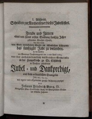 I. Abschnitt. Schriften zur Kirchenfeyer dieses Jubelfestes.