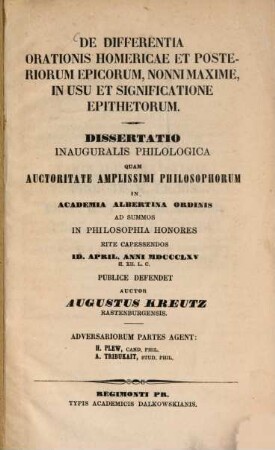 De differentia orationis Homericae et posteriorum epicorum, Nonni maxime, in usu et significatione epithetorum : Diss. inaug.
