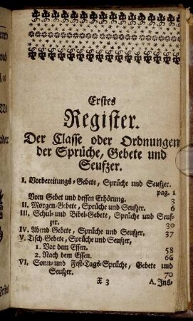 Erstes Register. Der Classe oder Ordnungen der Sprüche, Gebete und Seufzer.
