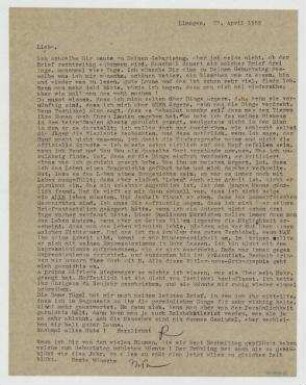 Brief von Raoul Hausmann und Hedwig Hausmann an Elfriede Hausmann. Limoges. Zusatz Hedwig Hausmann