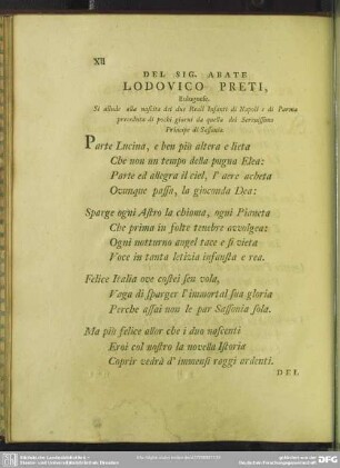 Del Sig. Abate Lodovico Preti, Bolognese