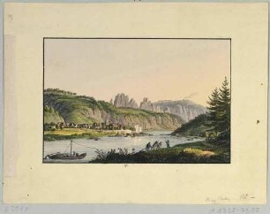 Schandau (Bad Schandau) in der Sächsischen Schweiz vor den Schrammsteinen vom linken Ufer nach Südwesten über die Elbe gesehen, aus den "70 Mahlerischen An- und Aussichten der Umgegend von Dresden ..." von C. A. und L. Richter
